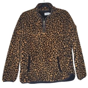 Teddy Leopard Print Zip Pullover Sweater